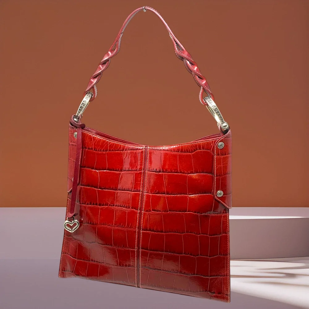 Brighton Muse Red Croc Embossed Patent Leather Shoulder Bag Heart Charm Braided